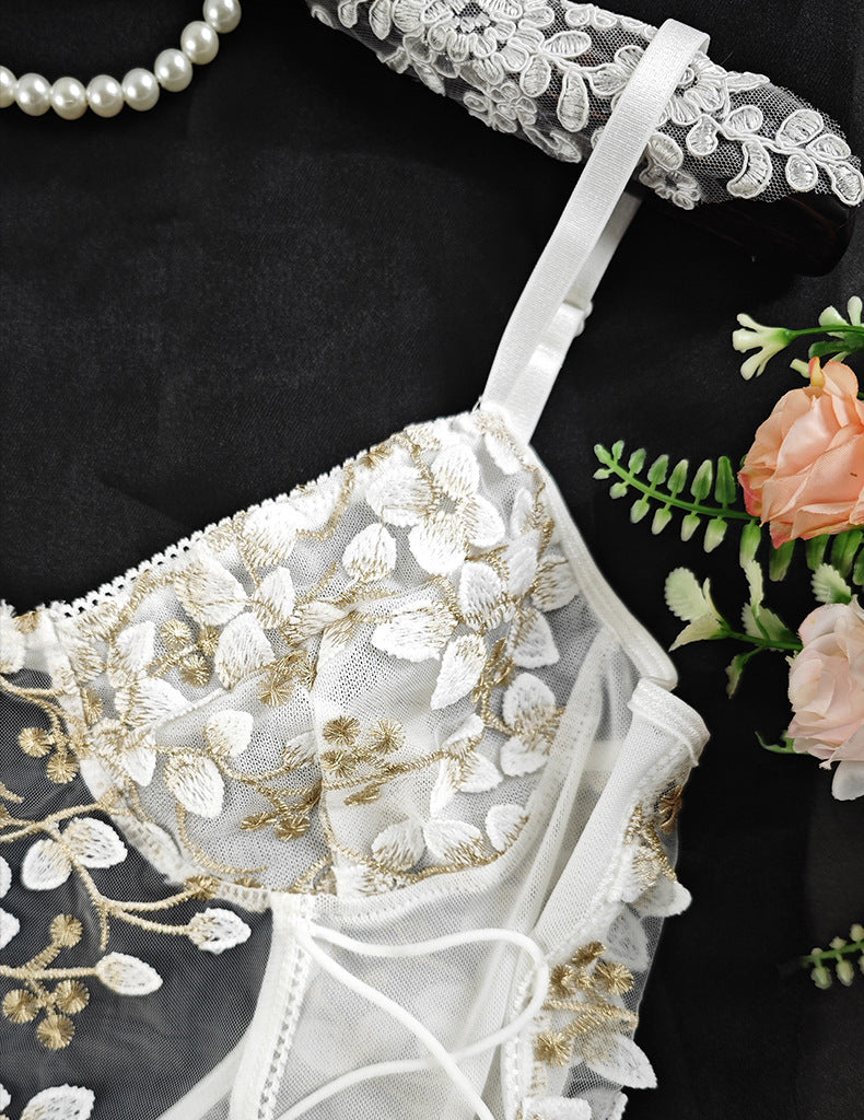 🌿 Spicy | Sheer Embroidered Lace Drawstring Bodysuit