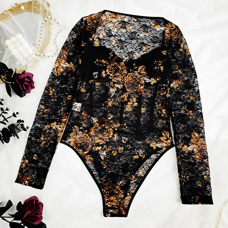 💘 Spicy | Lace Mesh Long Sleeve Sheer Boned Bodysuit