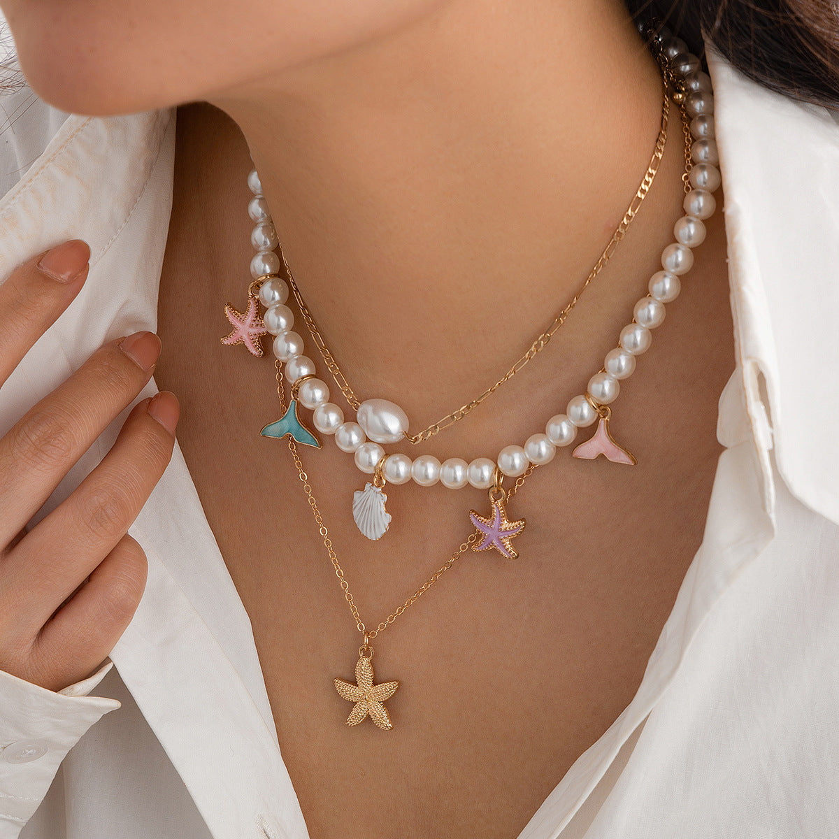 🌊 Necklace + Beaded Shell Pearl Necklace – Baroque Stone Accent