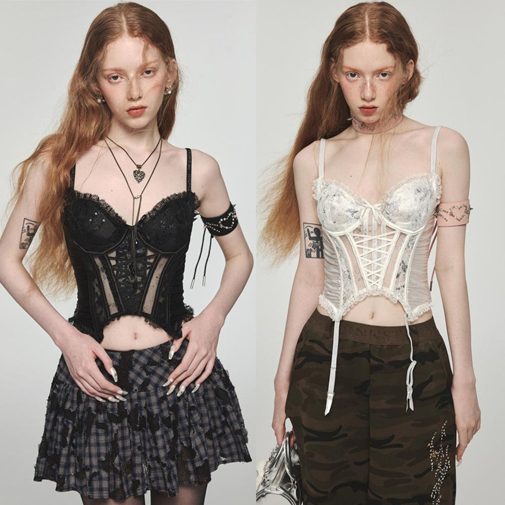 ✨ Spicy|Satin Lace-Up Boned Cross-Strap Bustier Top
