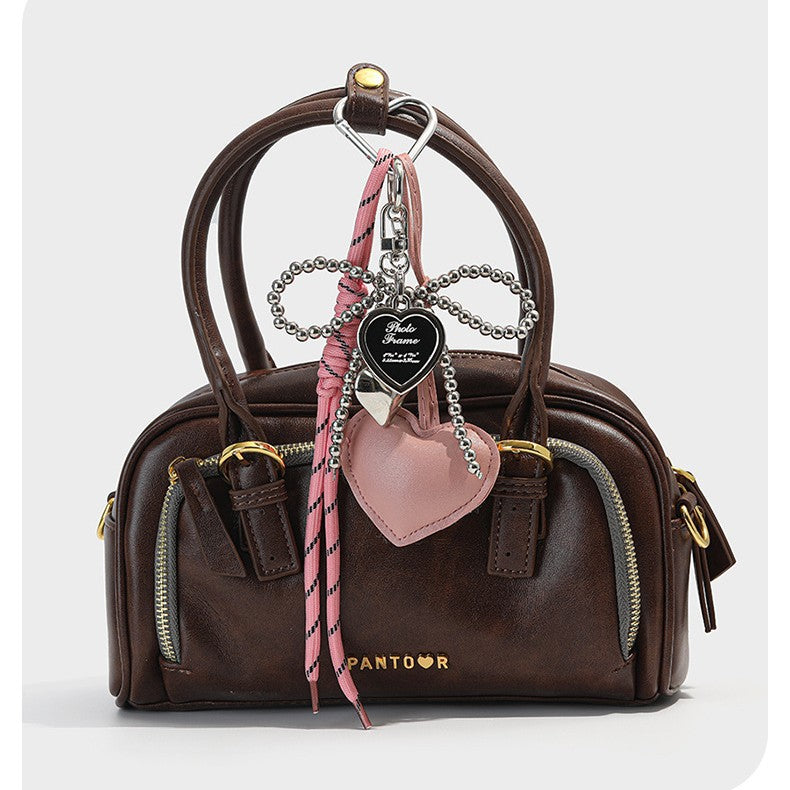 Silver Pearl Bow Leather Heart Keychain Charm — Miu-Inspired Dark Aesthetic