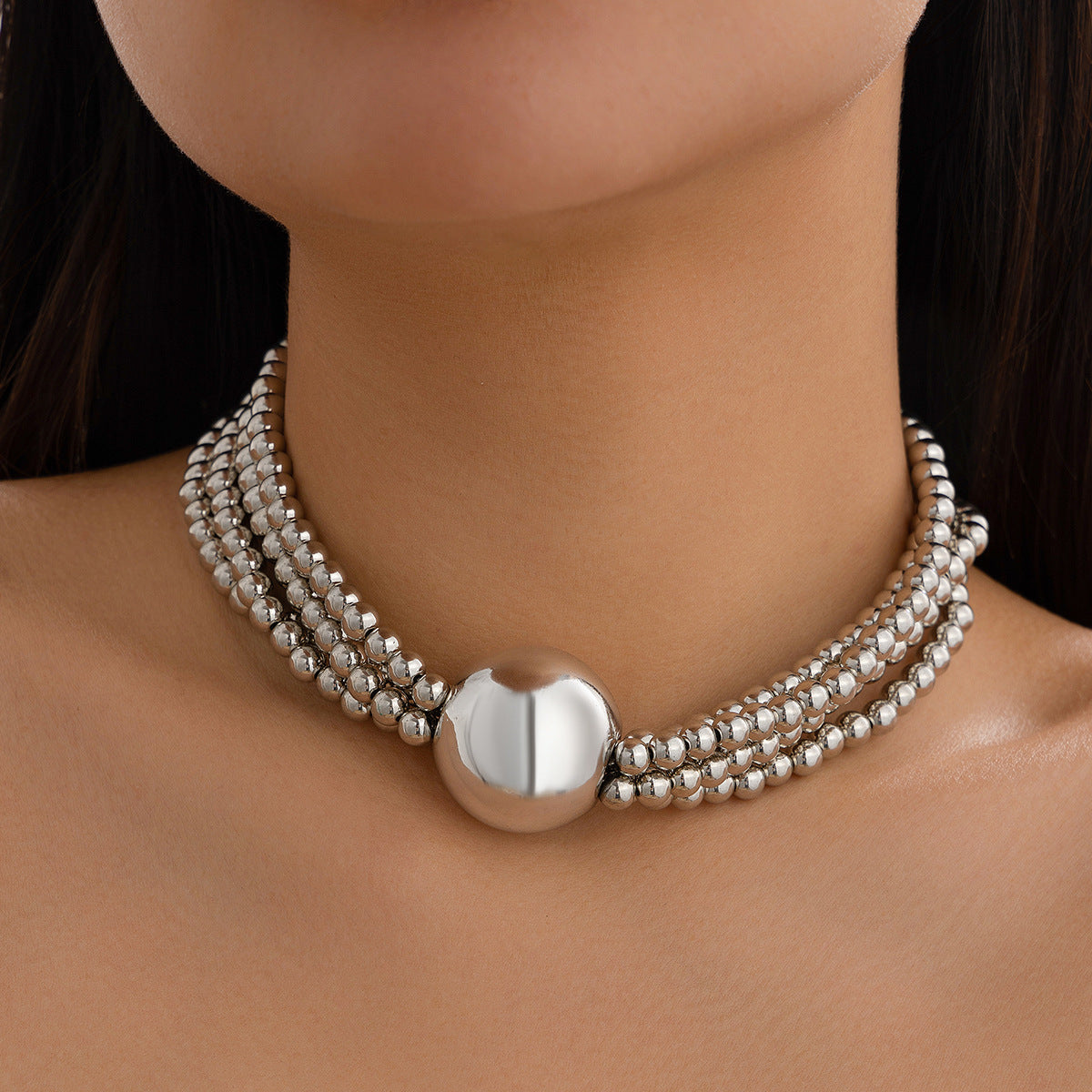 🔮 Necklace + Oversized Pearl Bead Pendant Necklace – Multi-Layer Street Vibe