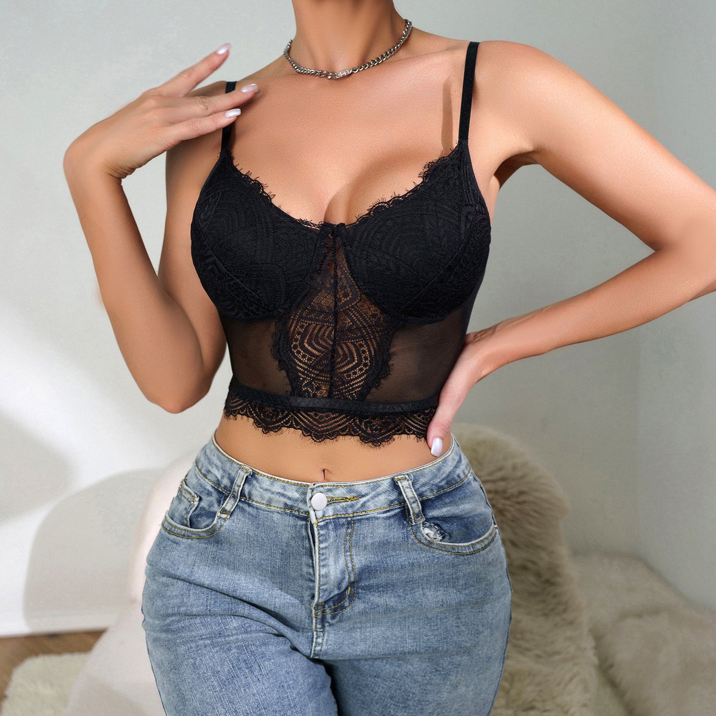 🖤 Spicy | Sheer Mesh Diamond Bustier Crop Top