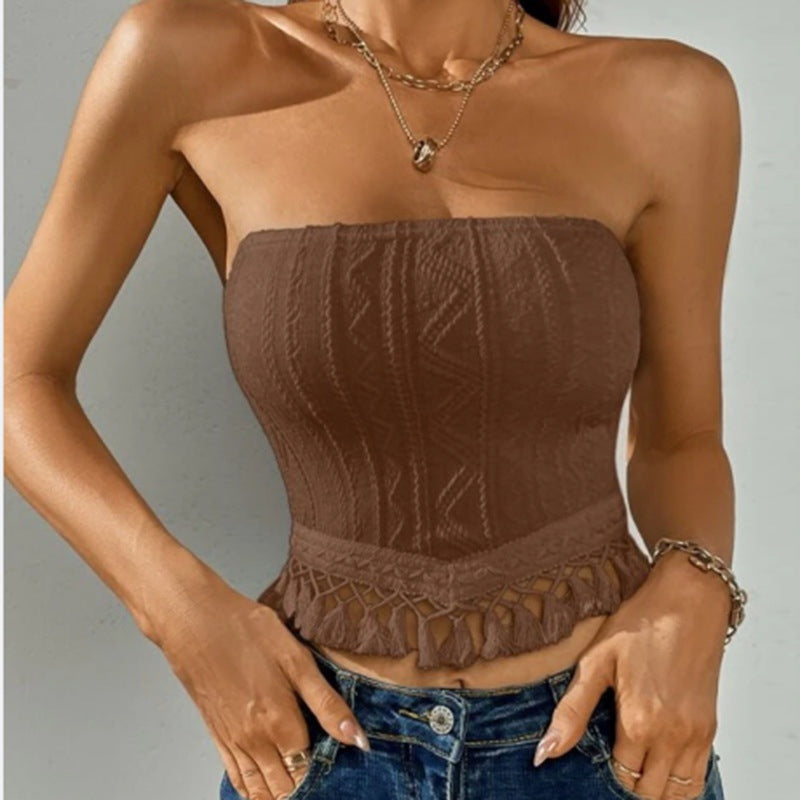 🎯 Spicy|Fringe Hem Solid Tube Crop Top