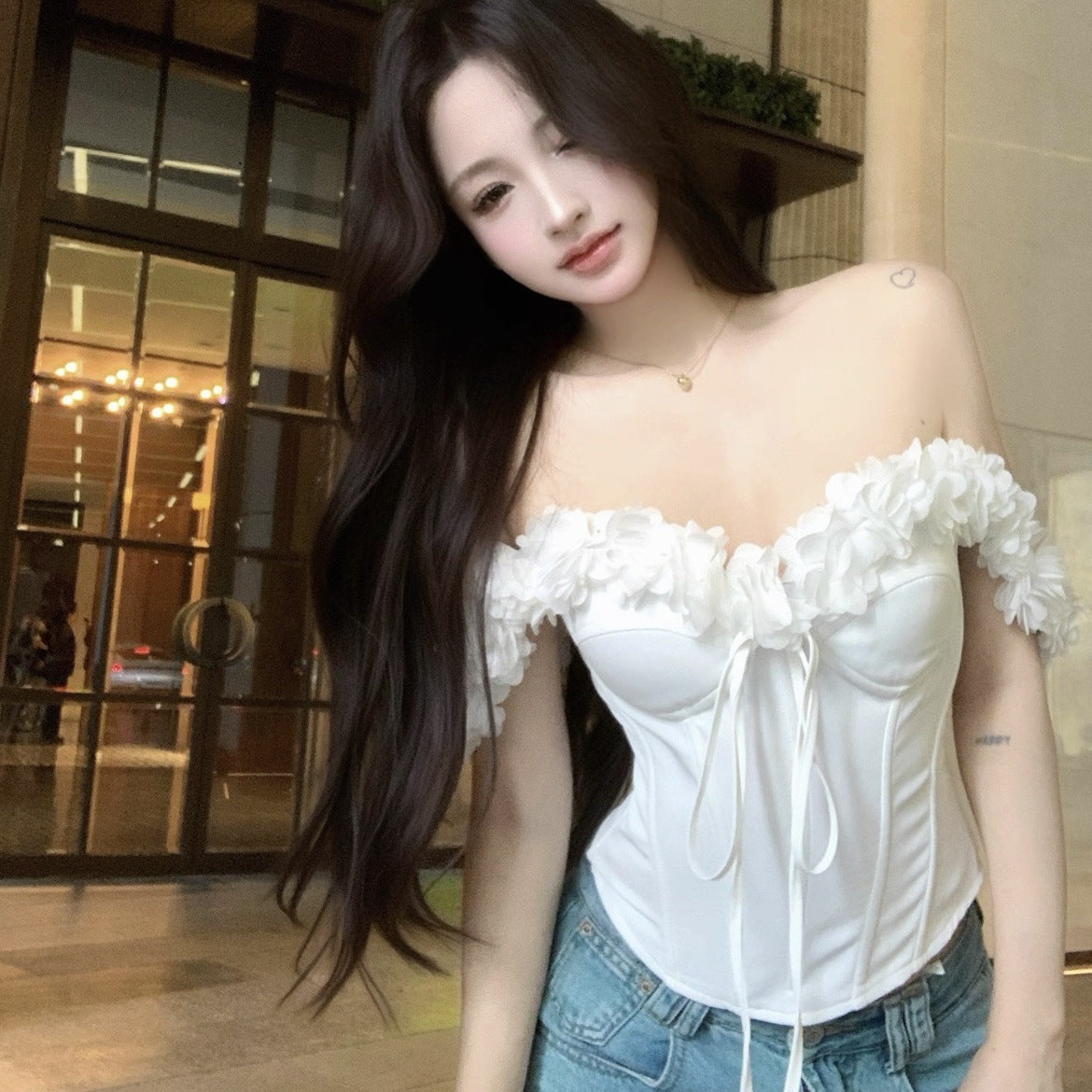 🤍 Spicy|White Lace Boned Cinched Waist Strapless Top