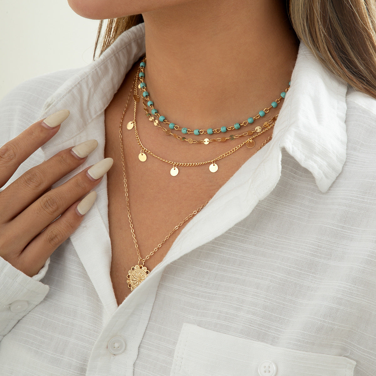 🍃 Necklace + Turquoise Bead Flower Pendant Necklace – Vintage Tassel Accents