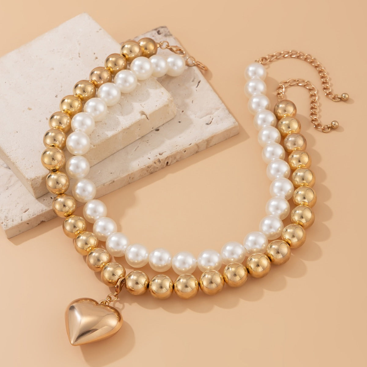 💝 Necklace + Heart Pearl Pendant With Beaded Layered Chain