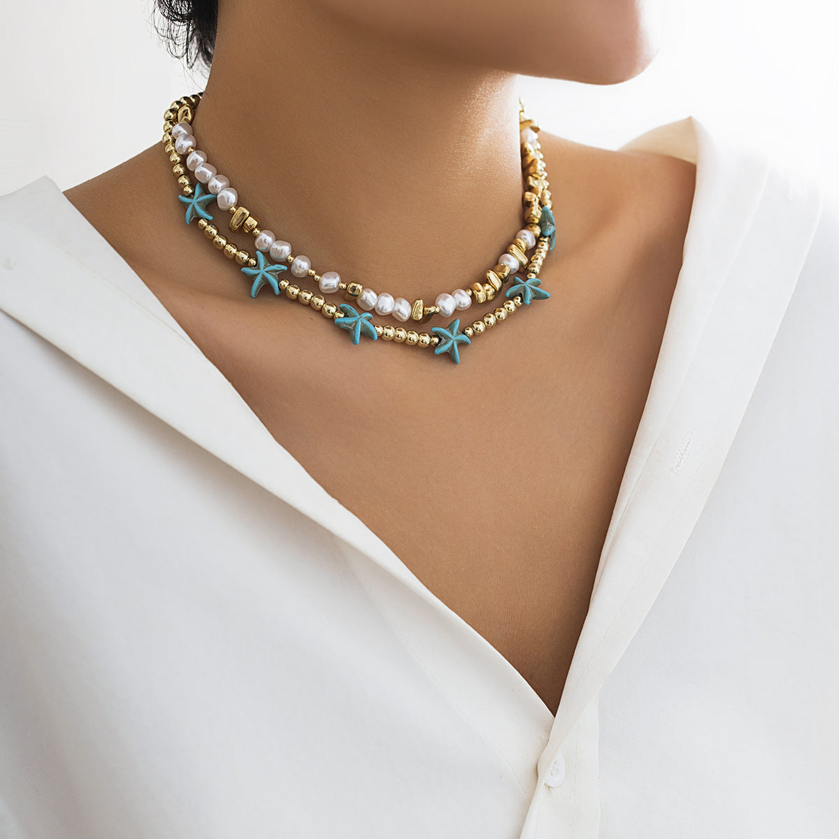 🌊 Necklace + Beaded Starfish & Shell Necklace – Coastal Beach Style