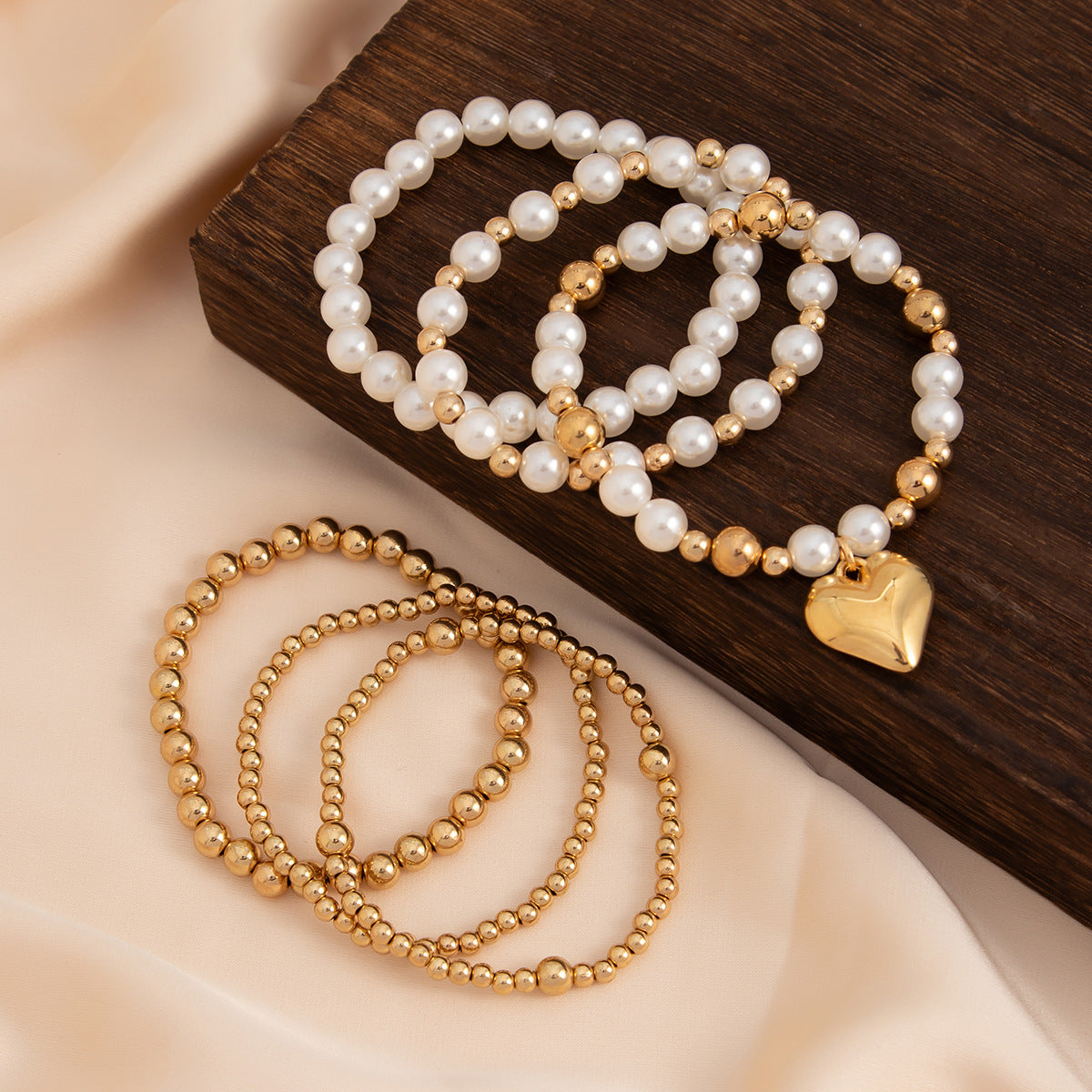 💝 Bracelet Set + Pearl Bead Bracelet With Hollow Heart Charm – Sweet Style