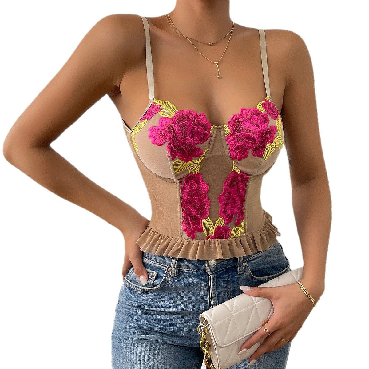 💘 Spicy | Lace Ruffle Boned Sheer Panel Crop Top