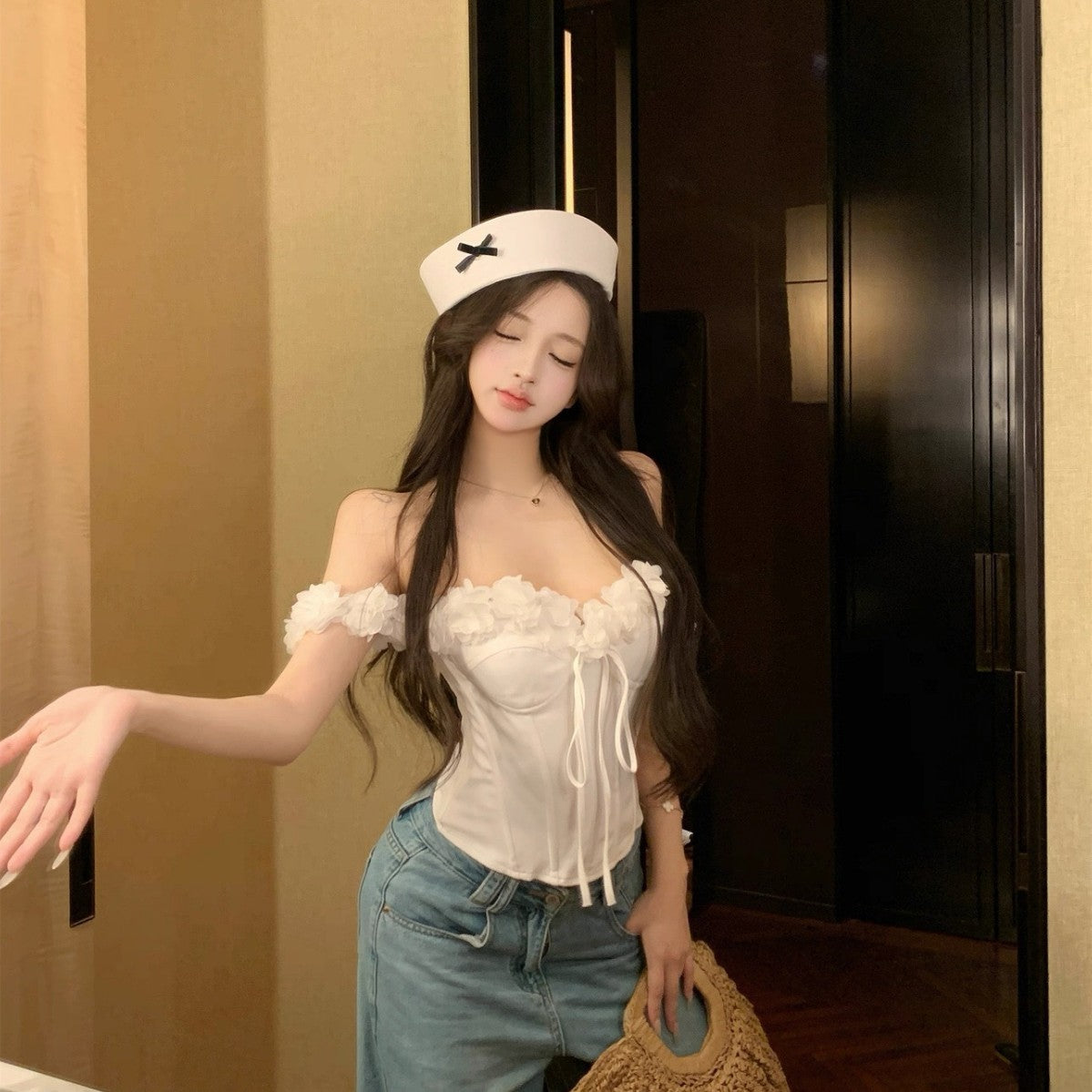 🤍 Spicy|White Lace Boned Cinched Waist Strapless Top