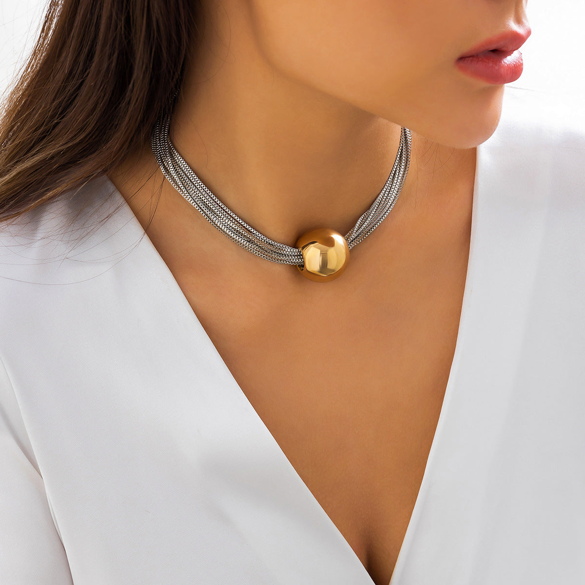 🧩 Choker + Multi-Layer Punk Chain Necklace – Geometric Round Beads