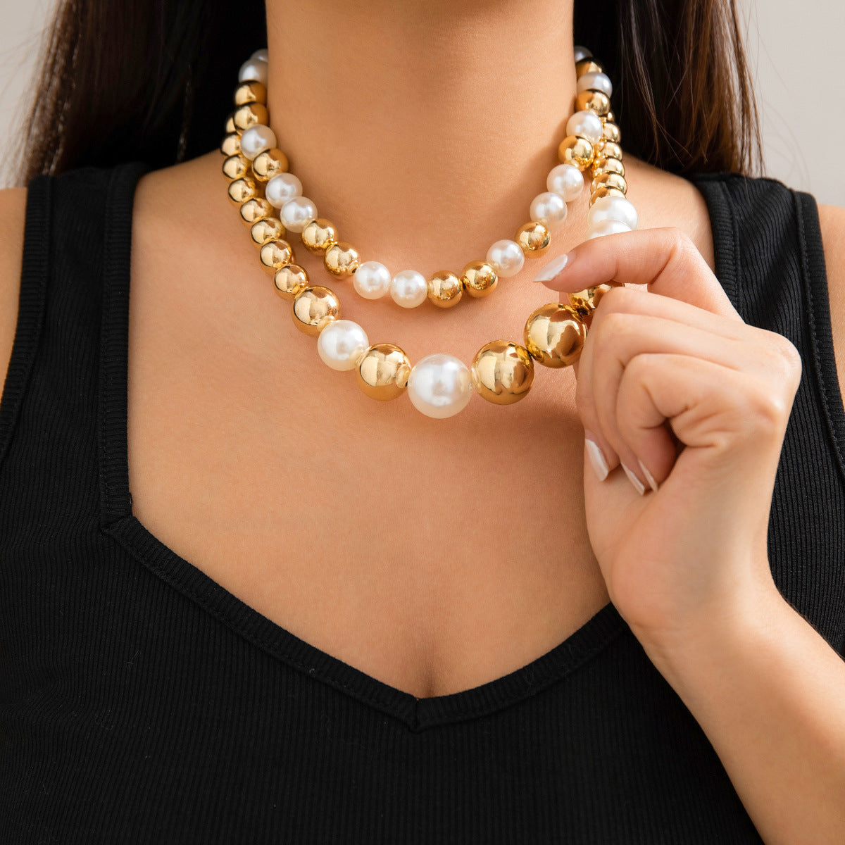 ⚪ Choker + Statement Giant Bead Short Necklace – Faux Pearl Punk Vibe