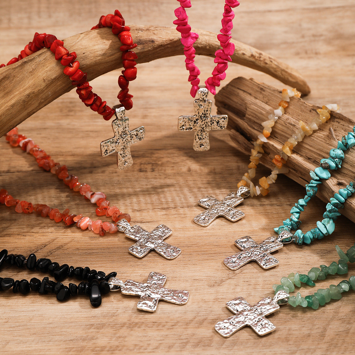 🌿 Necklace + Beaded Turquoise & Stone Cross Pendant Necklace