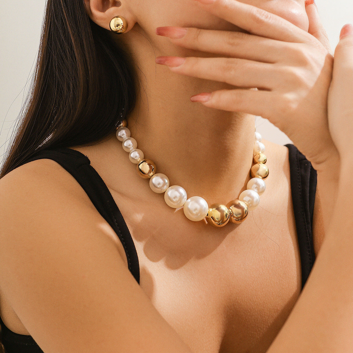 ⚪ Choker + Statement Giant Bead Short Necklace – Faux Pearl Punk Vibe