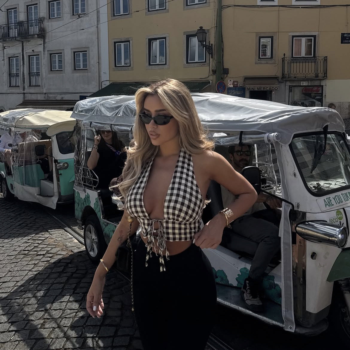 🧷 Spicy|Plaid Tie-Up Halter Corset Style Crop Top