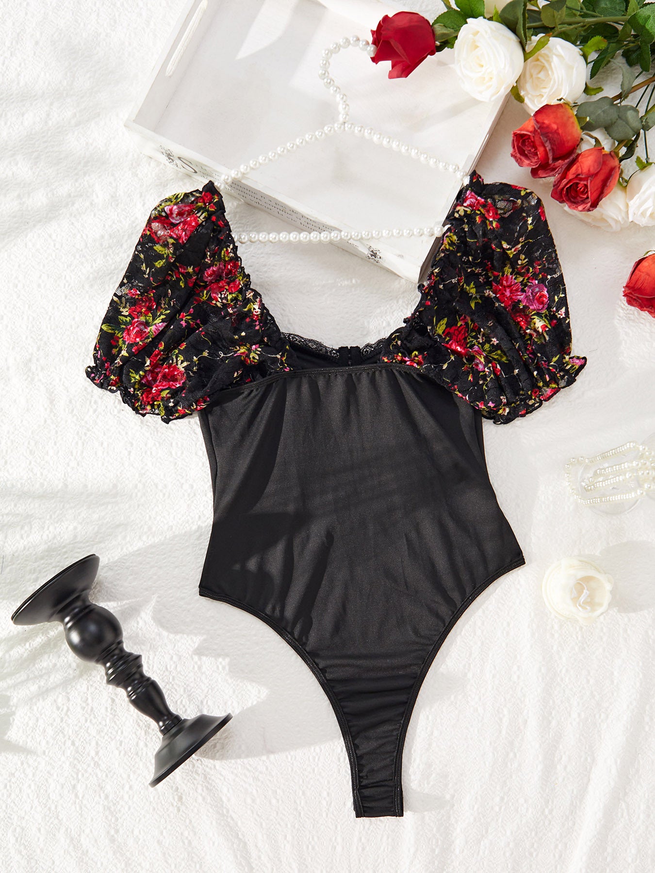 🌸 Spicy | Puff Sleeve Floral Lace Mesh Bodysuit