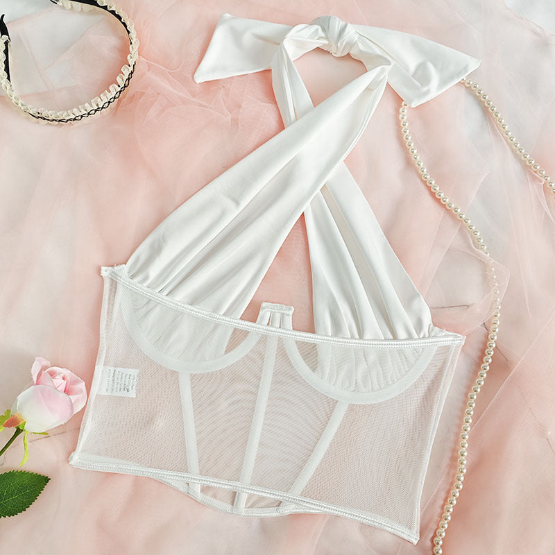 🖤 Spicy | Sheer Mesh Halter Corset Crop Top