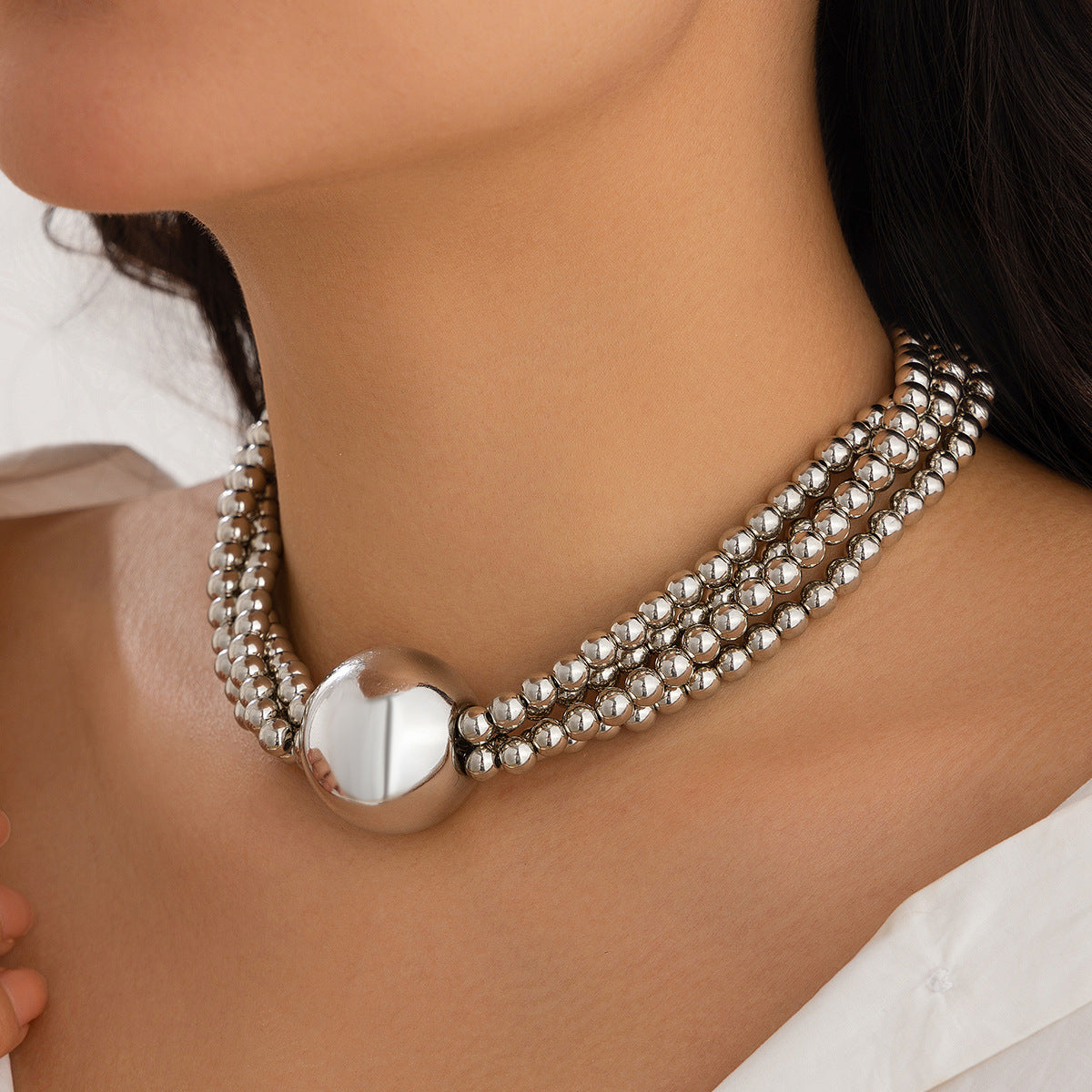 🔮 Necklace + Oversized Pearl Bead Pendant Necklace – Multi-Layer Street Vibe