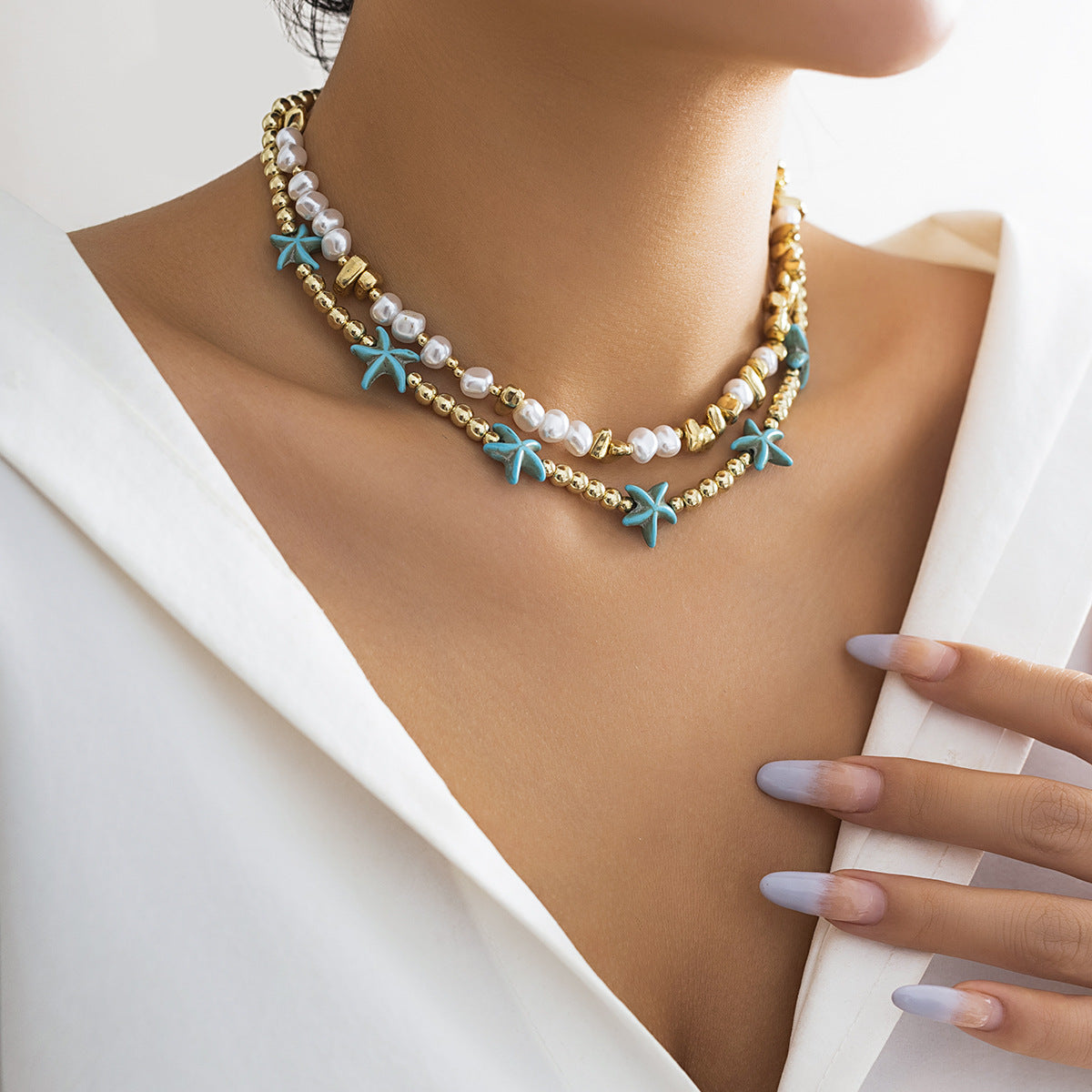 🌊 Necklace + Beaded Starfish & Shell Necklace – Coastal Beach Style