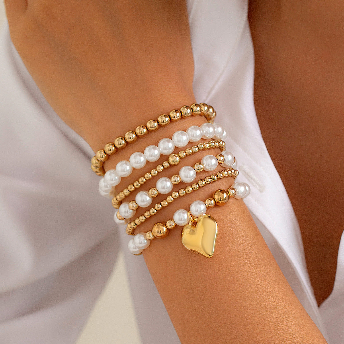 💝 Bracelet Set + Pearl Bead Bracelet With Hollow Heart Charm – Sweet Style