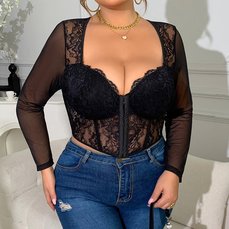 💪 Sculpt+|Sheer Lace Mesh Panel Blouse