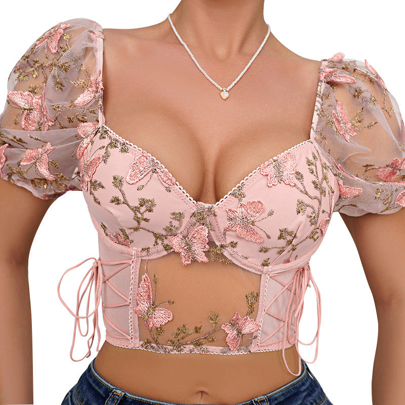 💘 Spicy | Puff-Sleeve Floral Lace Drawstring Blouse