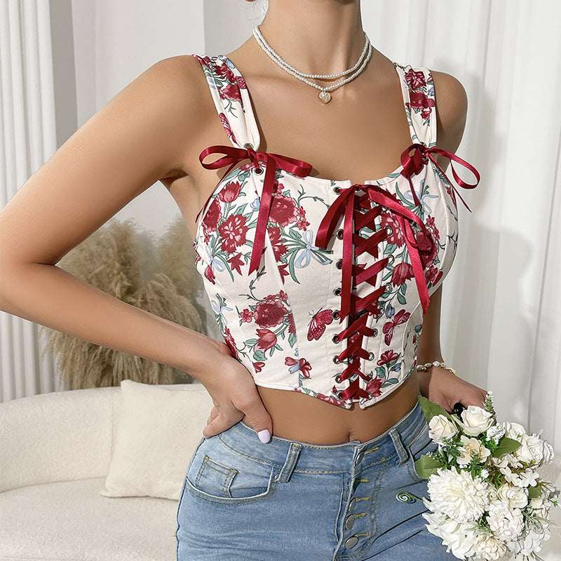 🌹 Spicy | Floral Print Tie-Up Corset — Vintage Waist Sculpting