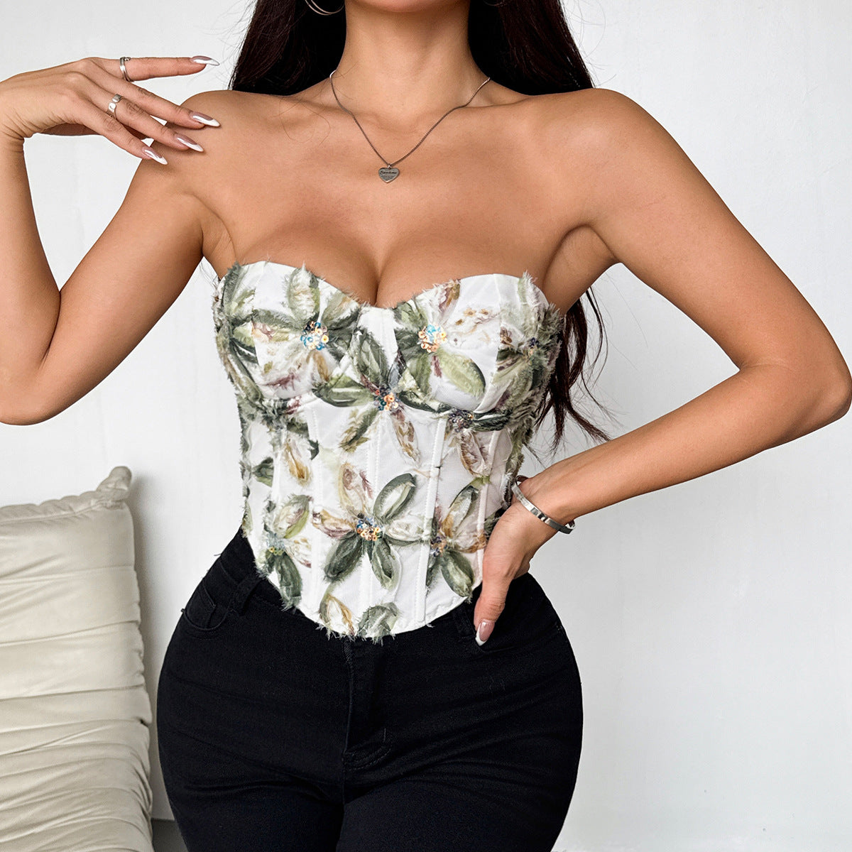 🌹 Spicy | 3D Pattern Strapless Top — Boned Tie-Back Bust Fit
