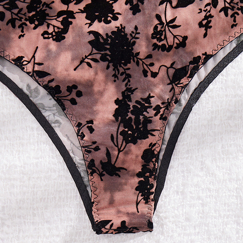 🌿 Spicy | Flocked Mesh Cutout Sheer Bodysuit