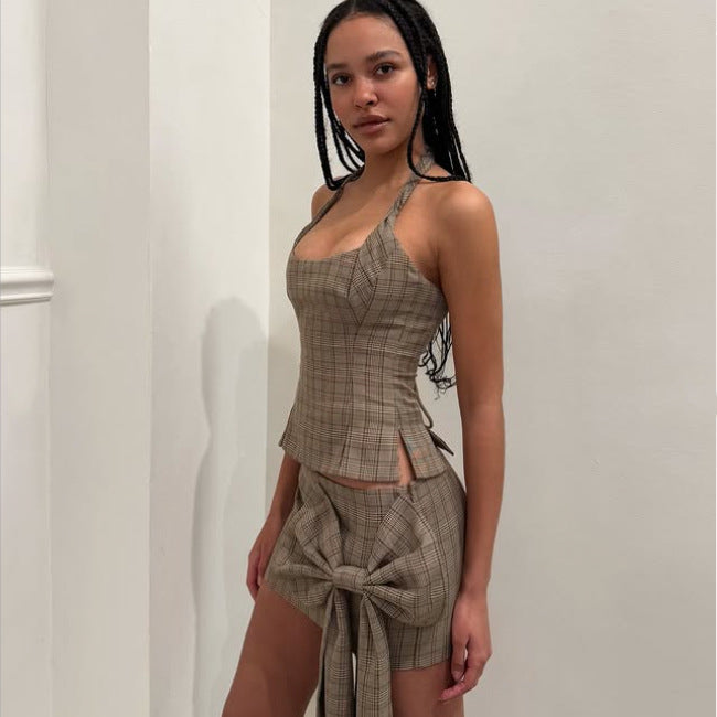 🌀 Spicy | Halterneck Plaid Mini Top — Backless with Side Slit