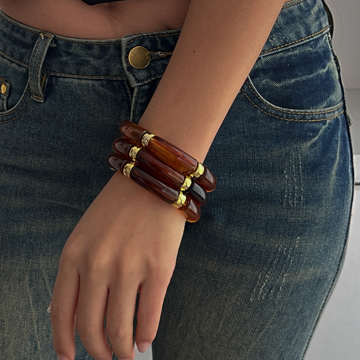 🎨 Bracelet Set + Tie-Dye Bead Bamboo Segment Bracelet Trio – Artistic Geometric