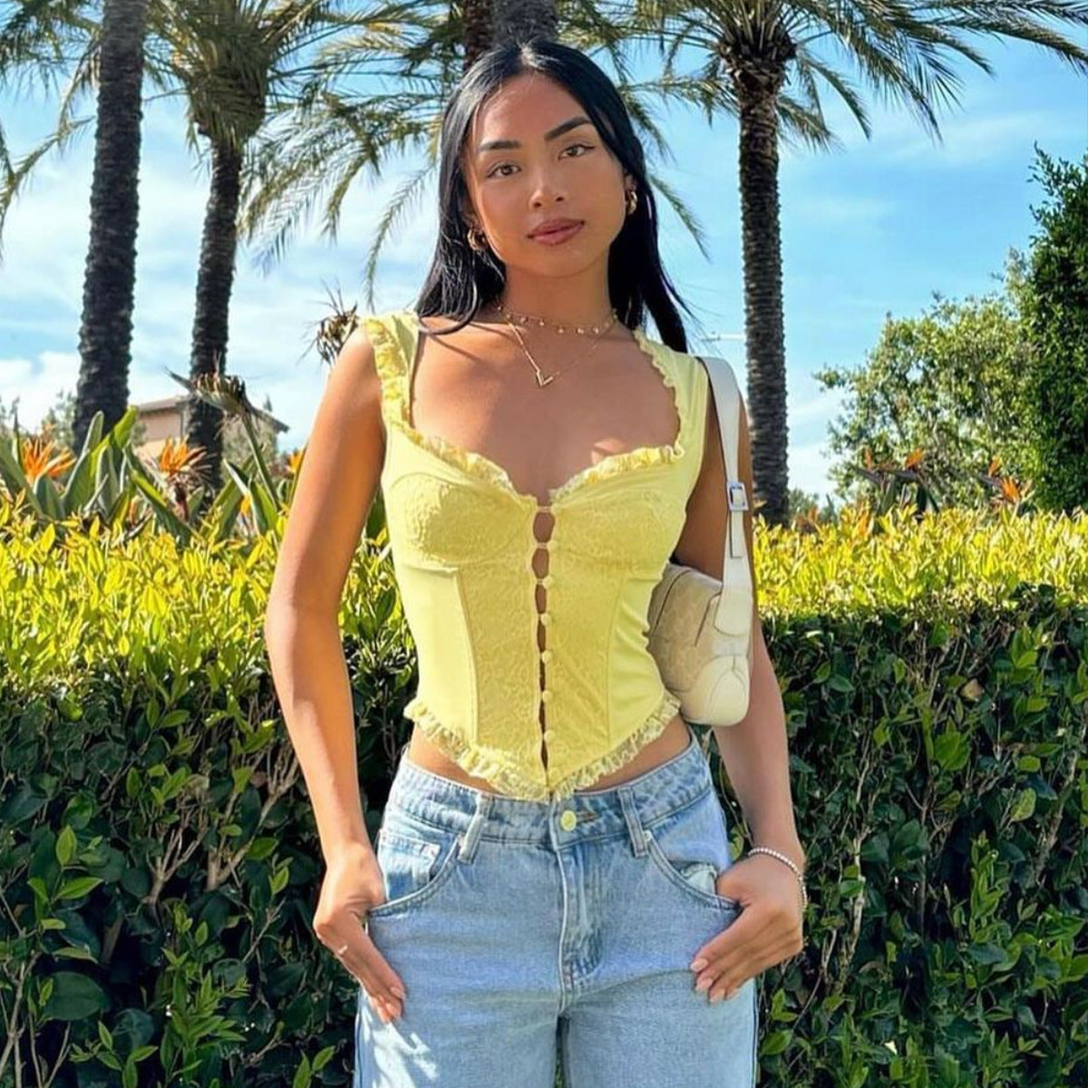🌷 Spicy|Lace Ruffle Trim Boned Waist Cinching Tank Top