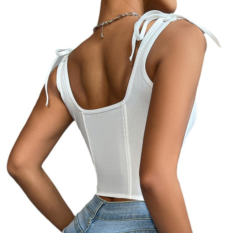 💎 Spicy | Ribbon-Tie Boned Square-Neck Crop Top