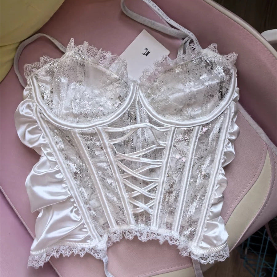 ✨ Spicy|Satin Lace-Up Boned Cross-Strap Bustier Top