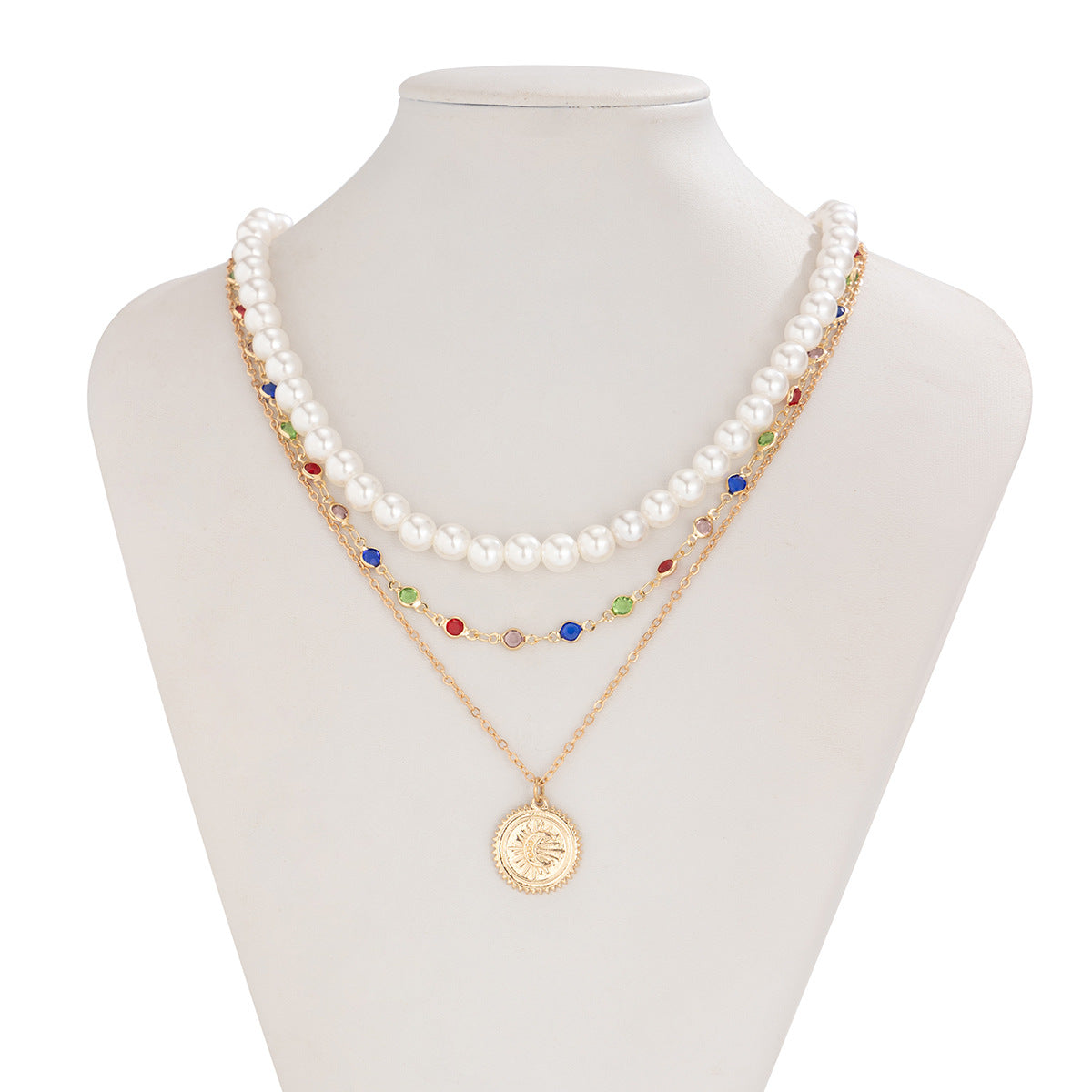 ✨ Necklace + Layered Pearl Crystal Necklace – Minimalist Disc Pendant