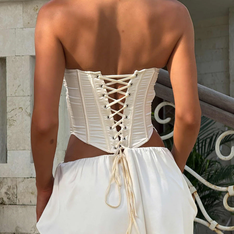 💎 Spicy | Pearl Lace Tie-Back Top — Sleek Boned Design