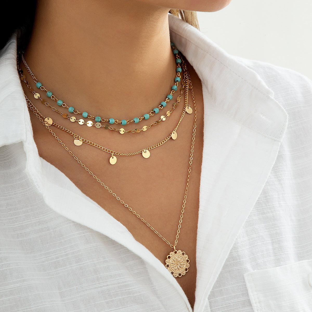 🍃 Necklace + Turquoise Bead Flower Pendant Necklace – Vintage Tassel Accents