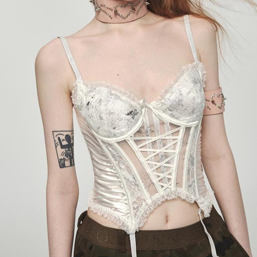✨ Spicy|Satin Lace-Up Boned Cross-Strap Bustier Top