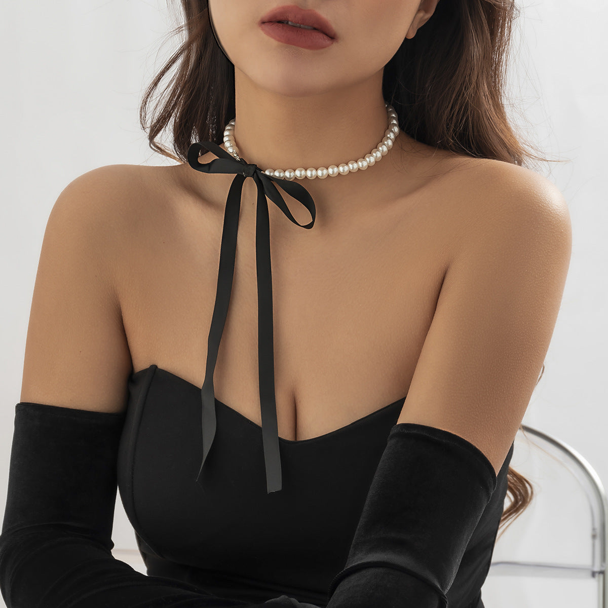 🎀 Necklace + Velvet Ribbon Pearl Necklace – DIY Bow Tie Style