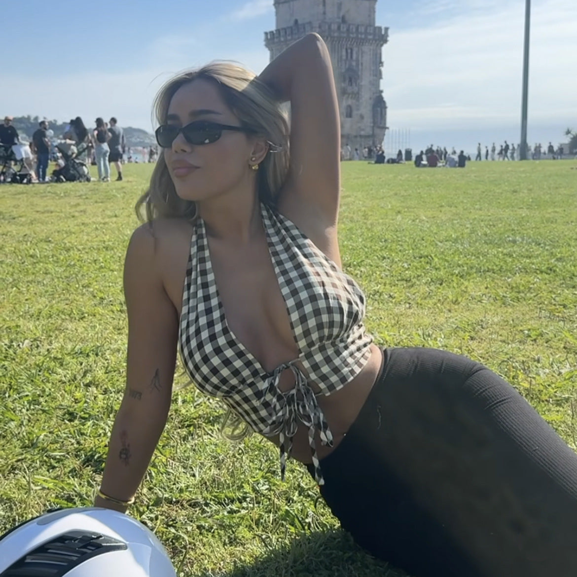🧷 Spicy|Plaid Tie-Up Halter Corset Style Crop Top