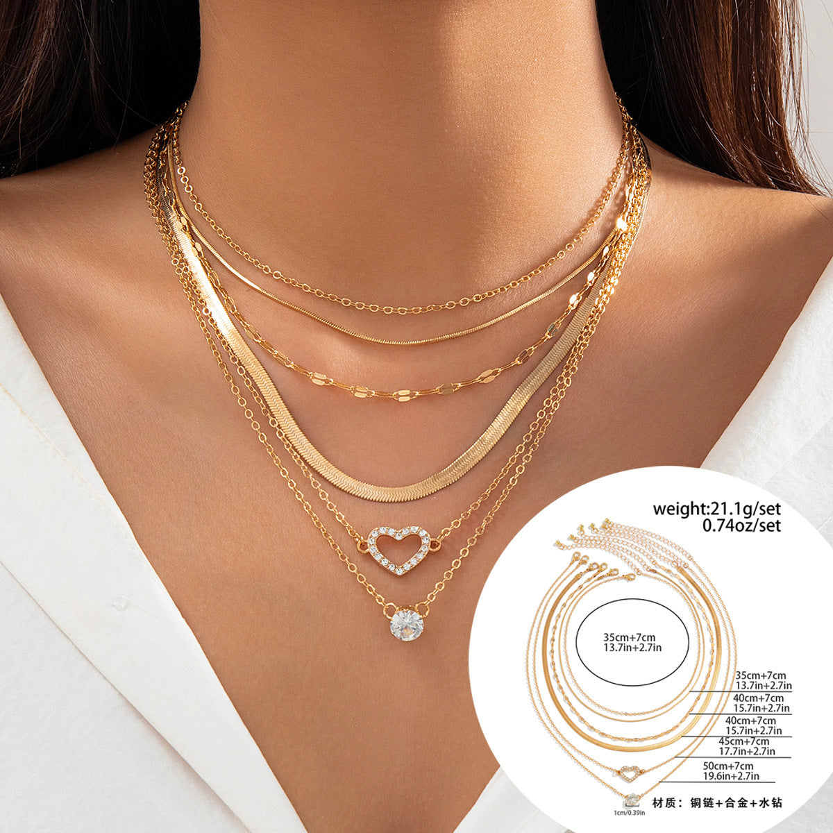 💕 Necklace + Colorblock Snake Chain With Heart Rhinestones