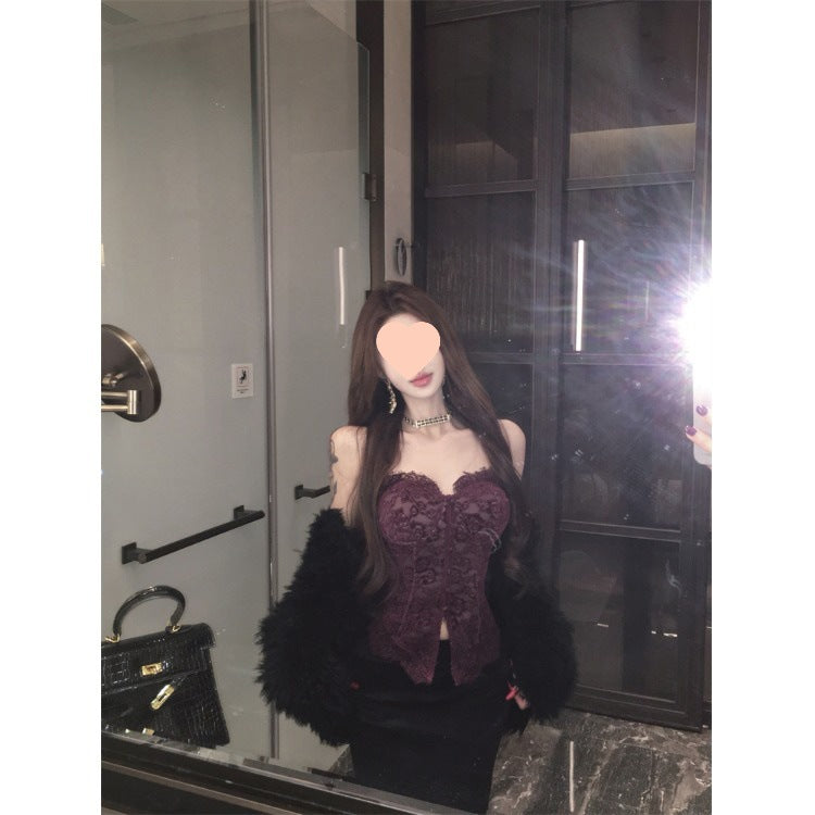 🪞 Spicy|Lace Panel Strapless Bustier Crop Top