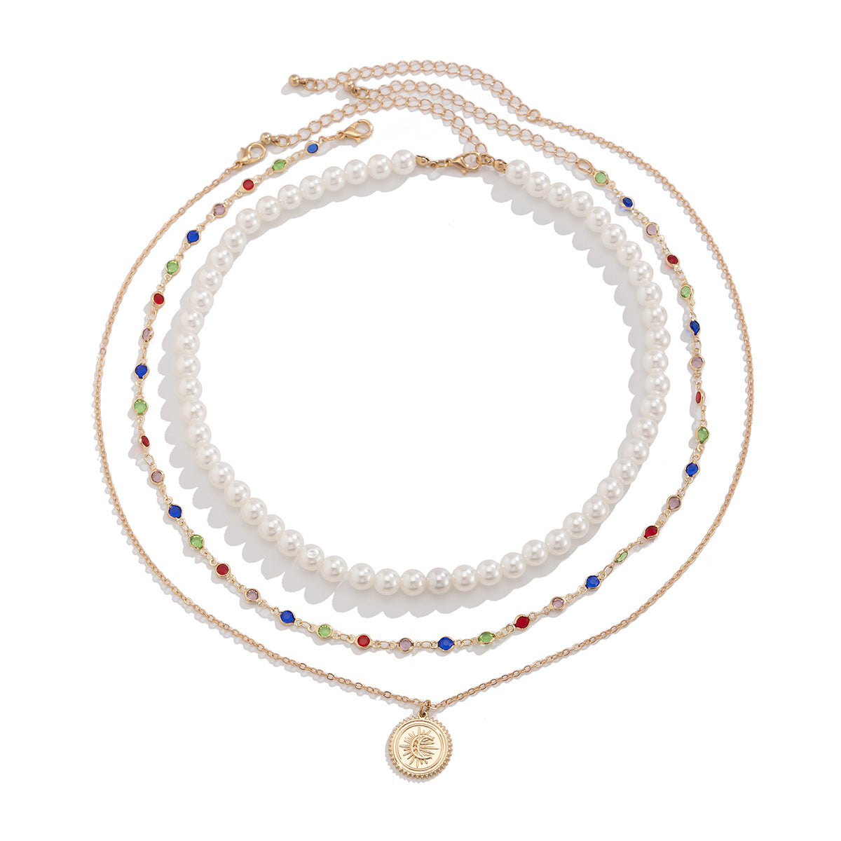✨ Necklace + Layered Pearl Crystal Necklace – Minimalist Disc Pendant