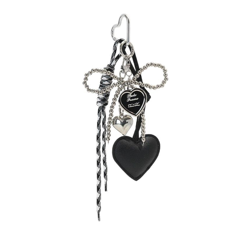 Silver Pearl Bow Leather Heart Keychain Charm — Miu-Inspired Dark Aesthetic