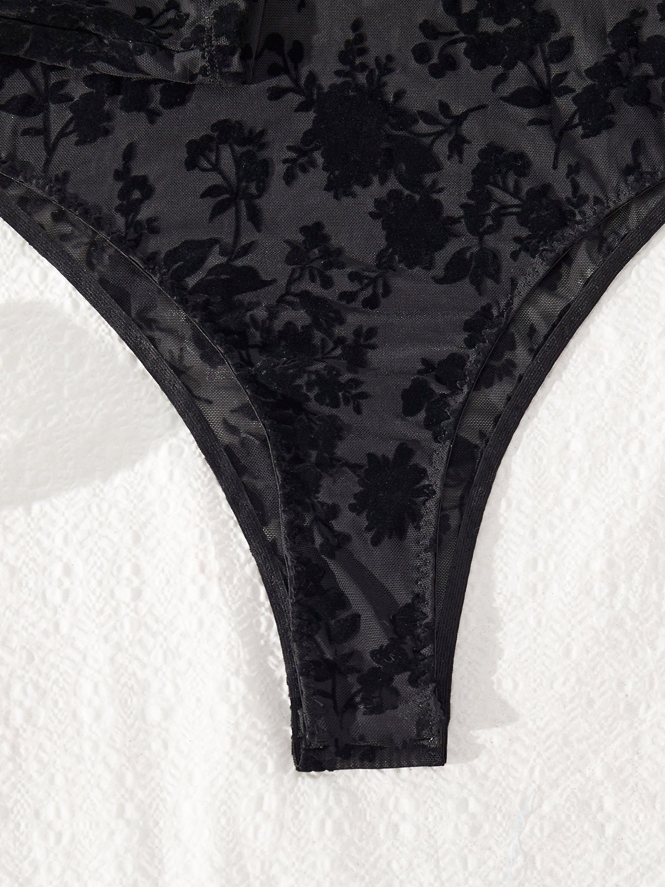 🌿 Spicy | Flocked Mesh Cutout Sheer Bodysuit