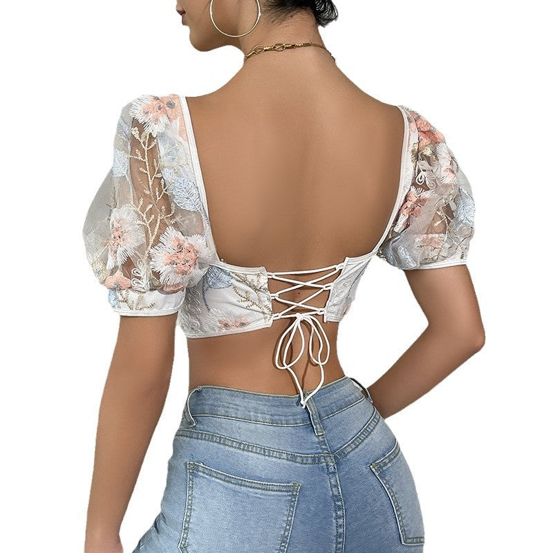 🍑 Spicy | Puff Sleeve Sheer Floral Top — French Chic Bust Support