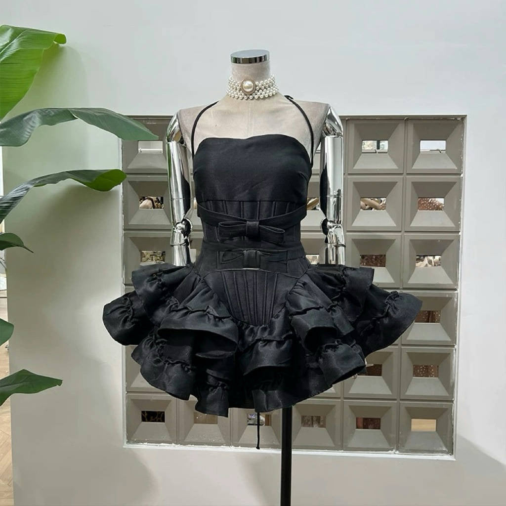 🎀 Spicy|Bow Puff Boned Mini Dress with Pumpkin Shorts