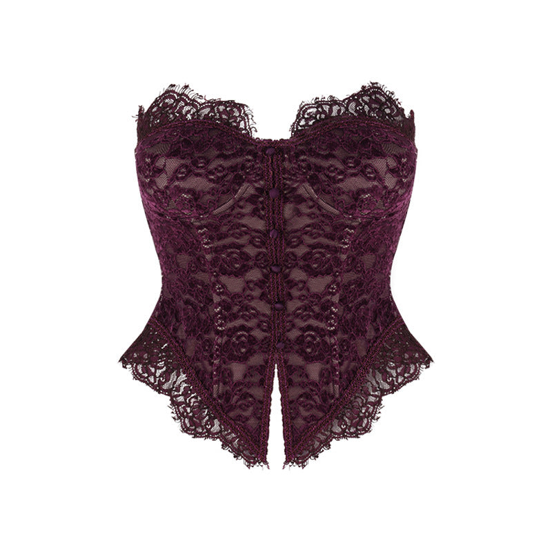🪞 Spicy|Lace Panel Strapless Bustier Crop Top