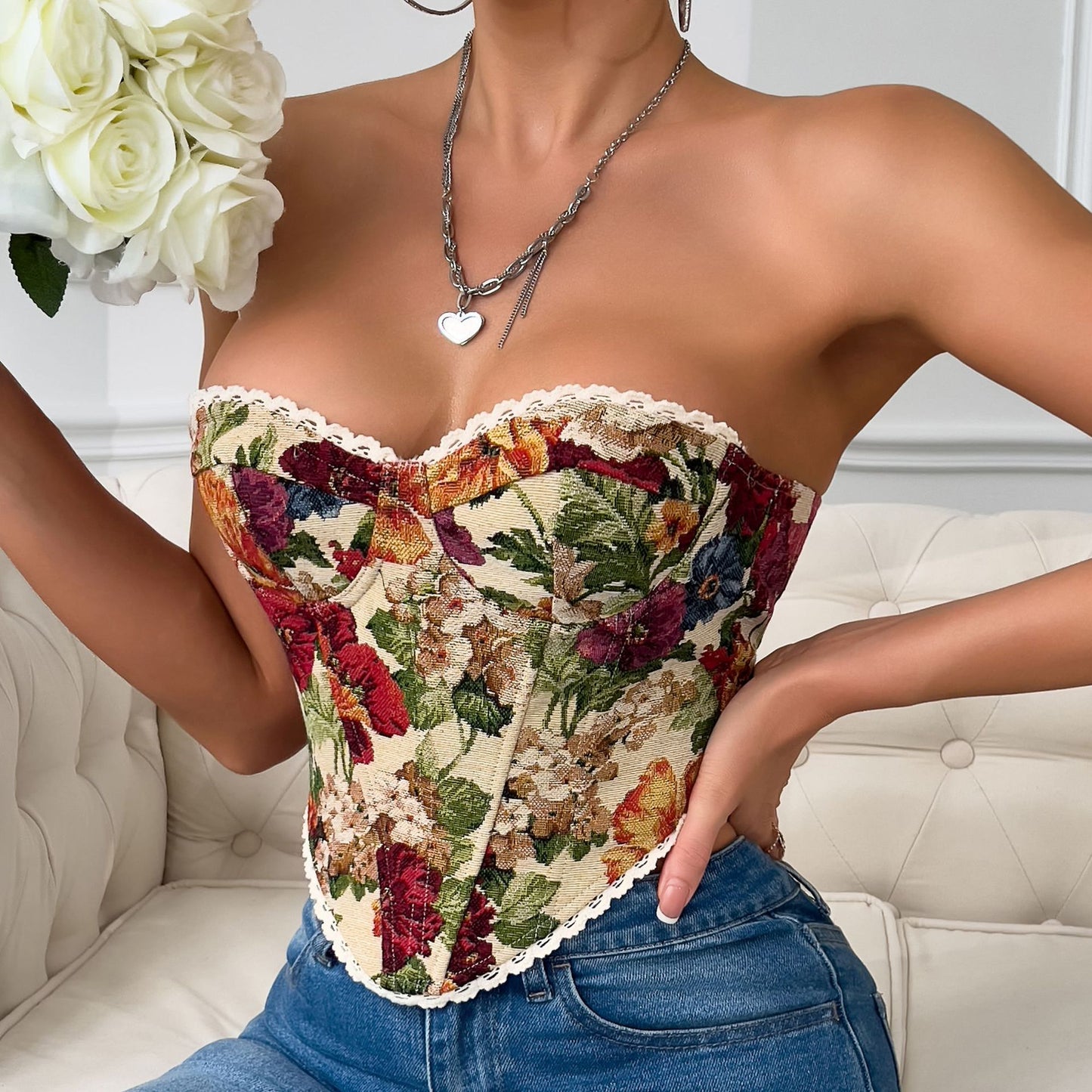 👑 ☁️ Spicy | Boned Lace-Up Ruffle Trim Bustier |Bestseller